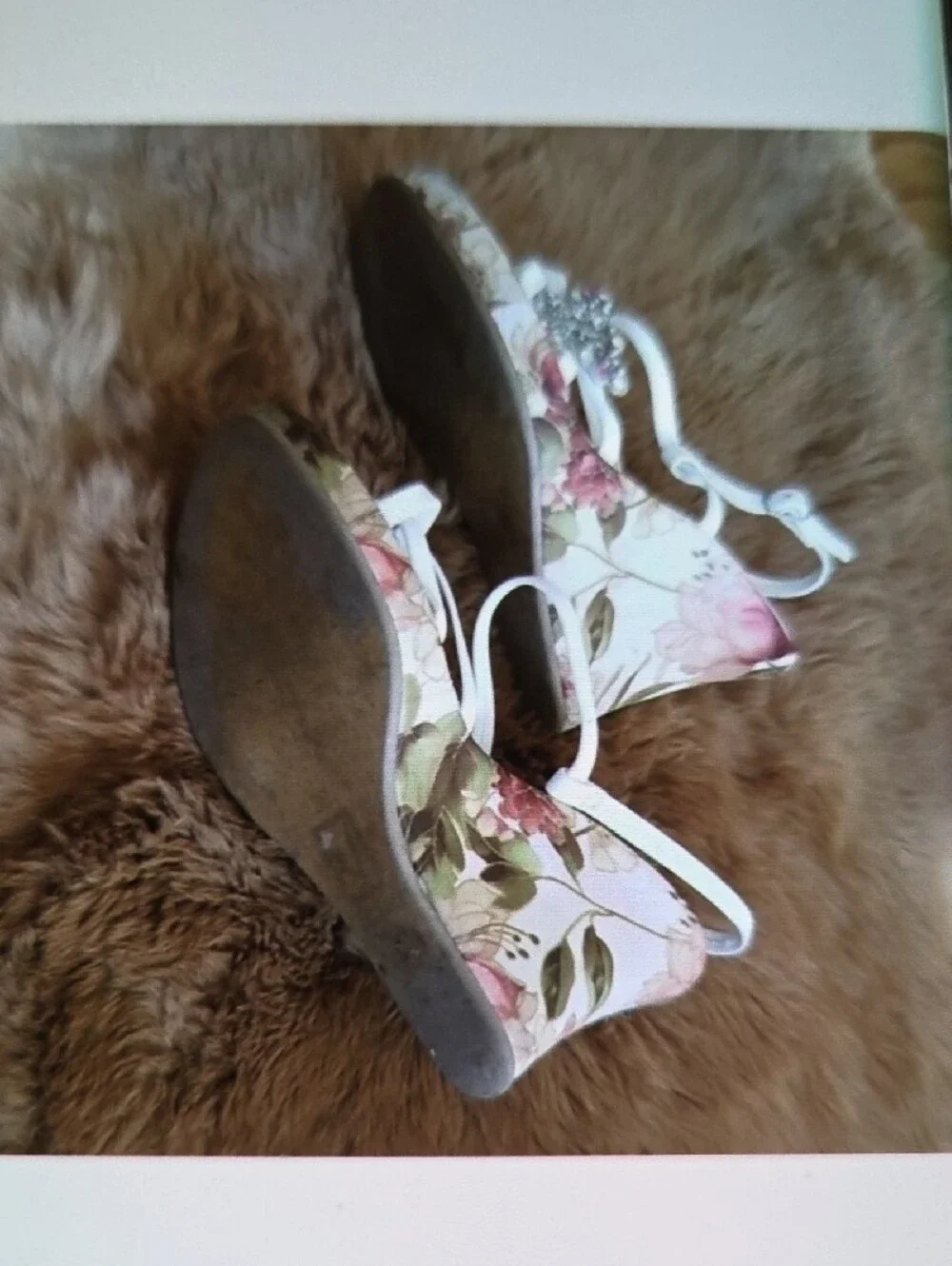 White Floral Wedge Sandals with Crystal Accent